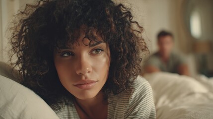 Pensive Woman with Curly Hair Lying in Bed, Emotional Portrait with Partner in Background
