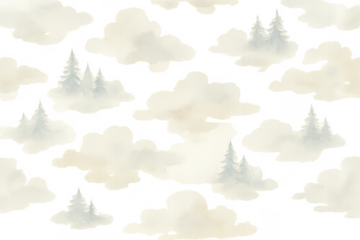 Watercolor clouds pattern with forest trees illustration