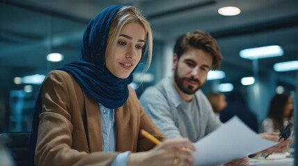 Businesswoman Wearing Hijab Collaborating with Colleagues on Project in Modern Office Environment