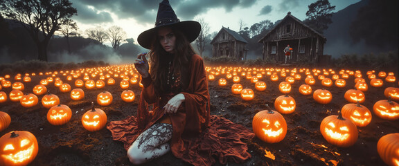 Magic scene with young beautiful witch on foreground