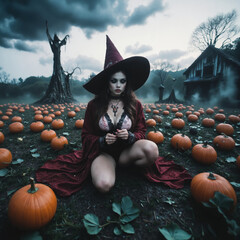 Magic scene with young beautiful witch on foreground