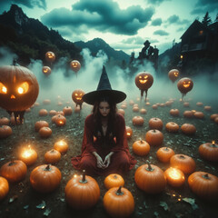 Magic scene with young beautiful witch on foreground