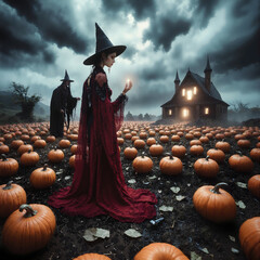 Magic scene with young beautiful witch on foreground
