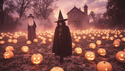 Magic scene with young beautiful witch on foreground
