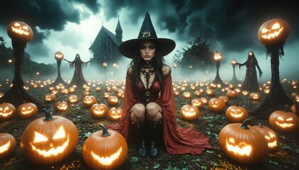 Magic scene with young beautiful witch on foreground
