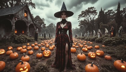 Magic scene with young beautiful witch on foreground