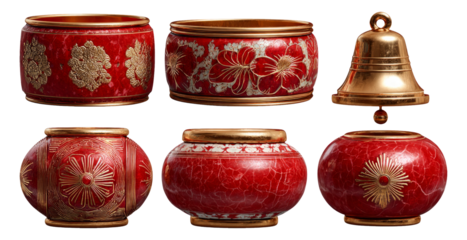 Elegant Red Decorative Bowls and Bell with Gold Accents on Transparent Background