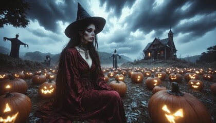 Magic scene with young beautiful witch on foreground