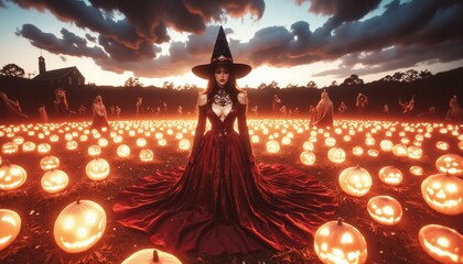 Magic scene with young beautiful witch on foreground
