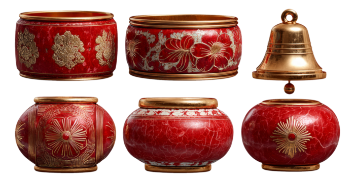 Elegant Red Decorative Bowls and Bell with Gold Accents on Transparent Background
