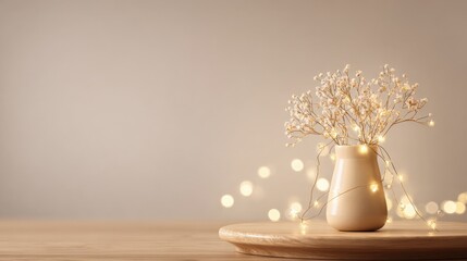 Elegant Neutral Still Life with Dried Flowers and Fairy Lights in Modern Interior