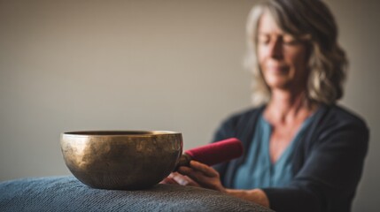 Woman Preparing Tibetan Singing Bowl for Meditation and Sound Healing Therapy Session to Promote Relaxation