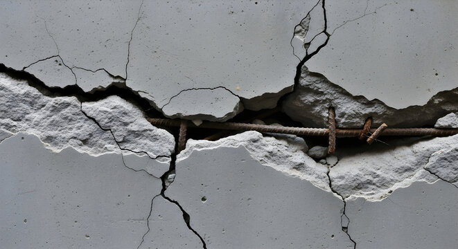 Severely cracked concrete wall exposing rusty rebar and structural damage