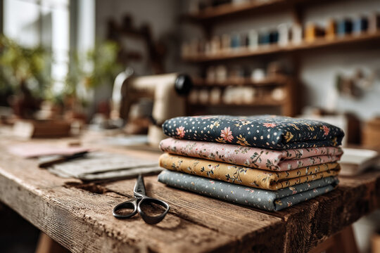 Stacked fabric swatches on a rustic wooden table with scissors and sewing tools, highlighting texture, craft, warmth, and a nostalgic handmade charm in a cozy studio for creative projects and design.