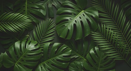 Dark green background with lush Monstera and palm leaves in overlapping layered arrangement