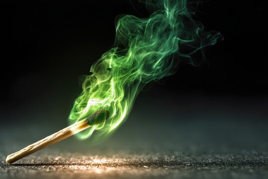 A captivating shot of a burning match, its flame depicted as vibrant green smoke against a dark backdrop, creating a striking contrast.