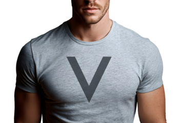On a transparent background, a handsome young man with the letter V on his T-shirt. Text. Label, tag, price tag for designers. The sphere of trade, economy, sales, fashion, beauty, sports.