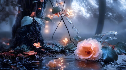 pink rose in the twilight forest