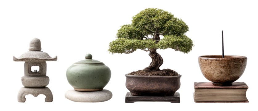 Isolated Bonsai Tree and Decorative Objects on Transparent Background