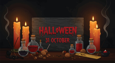 Still life of Halloween themed decorations with candles, potion bottles, and sign on a dark background.