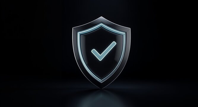 A glowing shield emblem with a checkmark symbol on a dark background