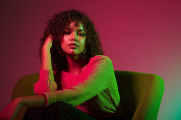Young woman with curly hair sits gracefully on green armchair, illuminated by vibrant pink and green lighting, exuding confidence and style