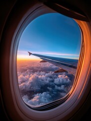 A breathtaking view of a sunrise or sunset over clouds seen from an airplane window, showcasing a vibrant sky and soft, diffused light.