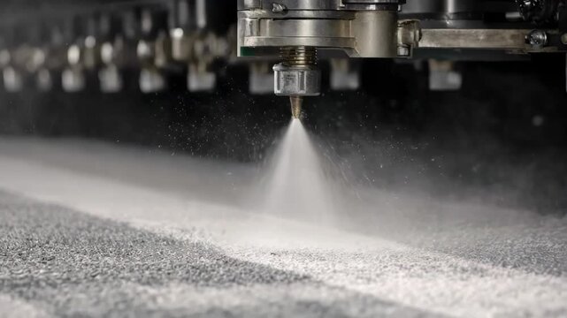 Dynamic medium shot capturing the hot water extraction process on a commercial carpet emphasizing fast drying and thorough dirt removal for a spotless look.