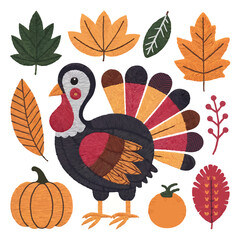 Thanksgiving bundle Cute cartoon turkey and autumn leaves for thanksgiving celebration