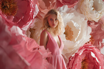 Beautiful blonde girl in pink dress stands gracefully among huge paper flowers, creating dreamy and enchanting atmosphere
