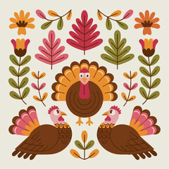 Thanksgiving bundle Whimsical folk art thanksgiving illustration with turkeys and autumn leaves