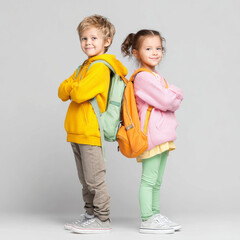 Bright little boy and girl with backpacks stand confidently back to back, showcasing their playful personalities and vibrant outfits