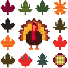 Thanksgiving bundle Pixel art thanksgiving turkey and maple leaves illustration