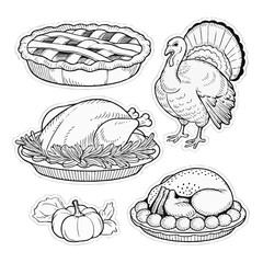 Thanksgiving bundle Hand drawn thanksgiving food illustration with turkey and pie