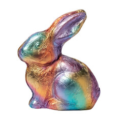 Colorful, shiny rabbit figurine made of foil, showcasing vibrant rainbow effect. This decorative piece adds playful touch to any setting