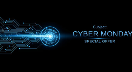 Brilliant Blue LED Dot Light Ring Encircling Cyber Monday Sale Text Creating Digital Tunnel Vortex Effect Against Dark Background For High Technology Online Shopping Discount Promotion Event Business 