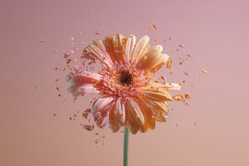 Stunning gerbera daisy flower bursts into vibrant petals against soft pastel background, creating surreal and captivating visual experience