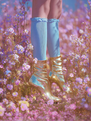 High resolution photography of woman wearing blue socks and shiny gold boots in field of flowers, creating dreamy atmosphere