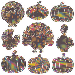 Thanksgiving bundle Collection of thanksgiving turkeys and pumpkins with iridescent stained glass effect