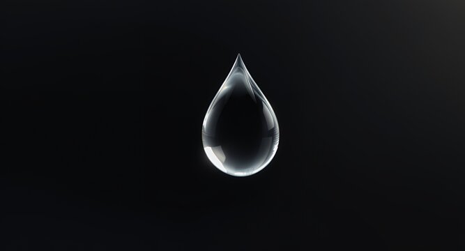 A single translucent water drop suspended in darkness, reflecting light and moisture