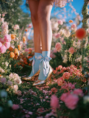 Woman stands among vibrant flowers, showcasing light blue socks paired with shiny gold high heels, creating whimsical and stylish look