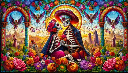 Fototapeta premium Día de Muertos Mural Mosaic Stainned Glass