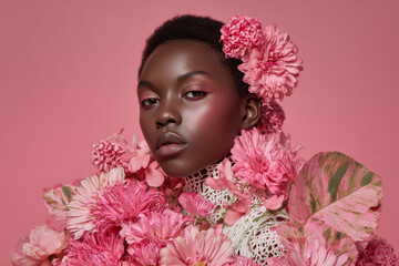 Stunning fashion model adorned with vibrant pink flowers and leaves, exuding elegance and beauty against soft pink background