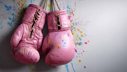 Pink boxing gloves hang against white wall, surrounded by colorful splashes, creating vibrant and energetic atmosphere