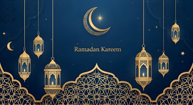 Elegant Ramadan Kareem Greeting Background with Golden Lanterns and Crescent Moon.