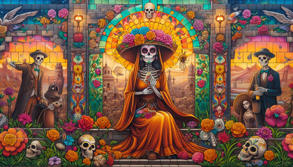 Obraz premium Día de Muertos Mural Mosaic Stainned Glass