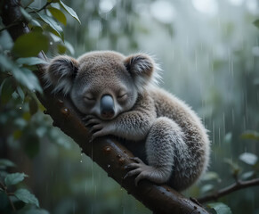 Fototapeta premium Peaceful Koala Napping in the Rain