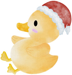 Christmas illustration with yellow duckling and roller skates.Cute yellow duckling