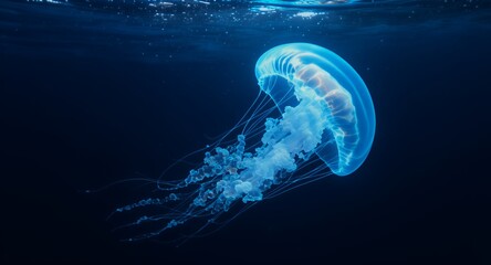 Bioluminescent Jellyfish Floating in Dark Ocean Depths