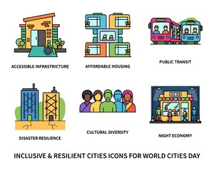  Inclusive City Vector Icons - Accessibility, Affordable Housing, Public Transit, World Cities Day